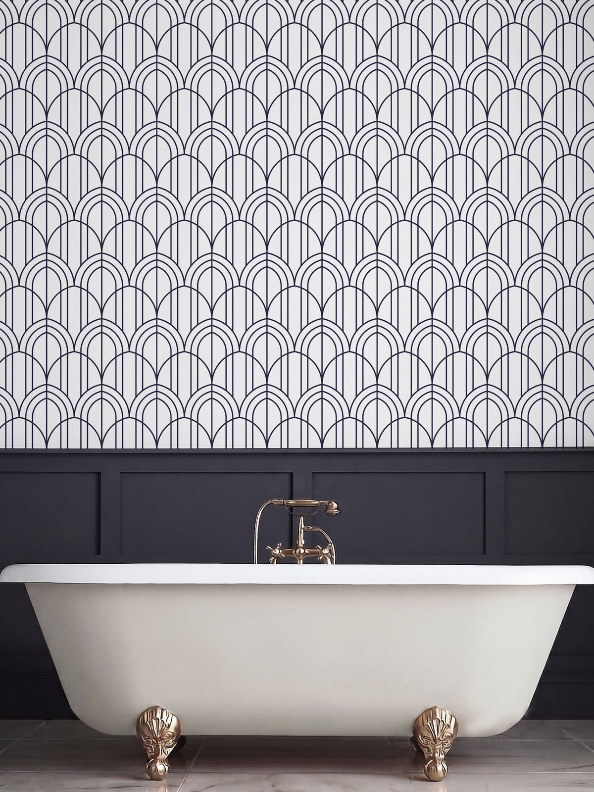 Papel mural Gatsby Azul, art déco diseño de arcos art déco superpuestos en azul marino sobre blanco.