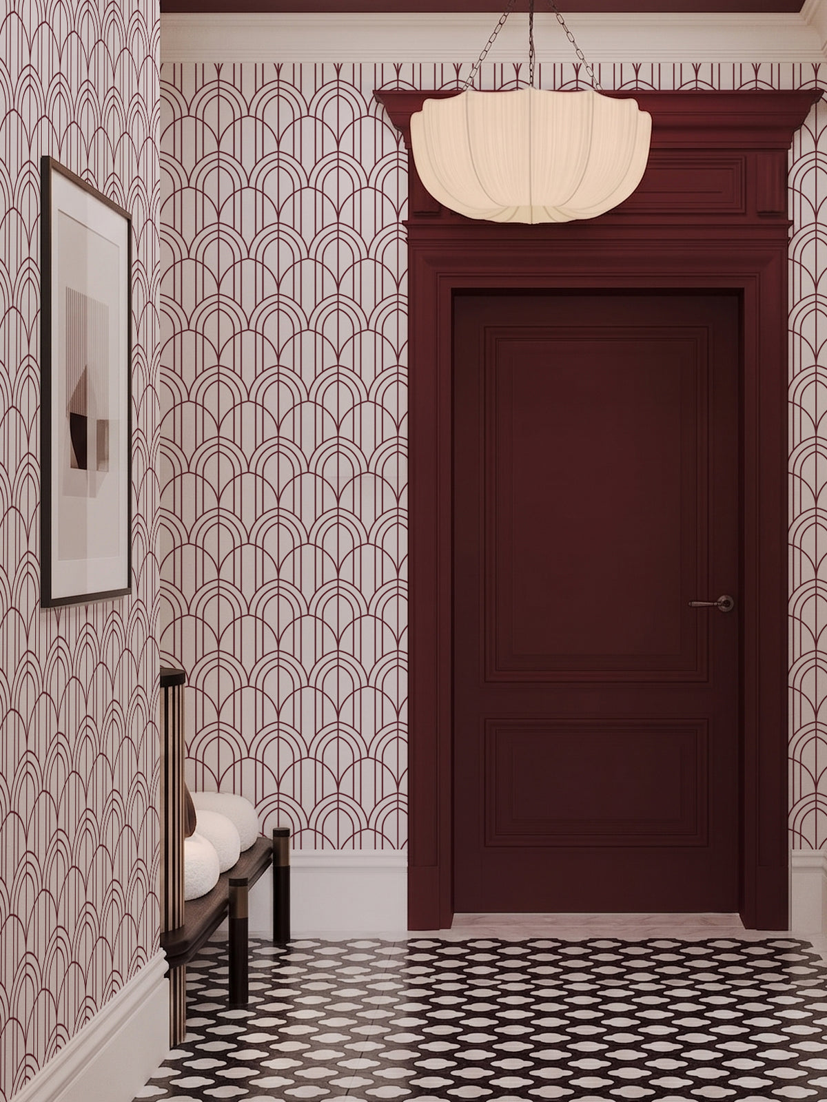 Papel mural Gatsby Burdeo, art déco diseño de arcos art déco superpuestos en burdeo sobre blanco.