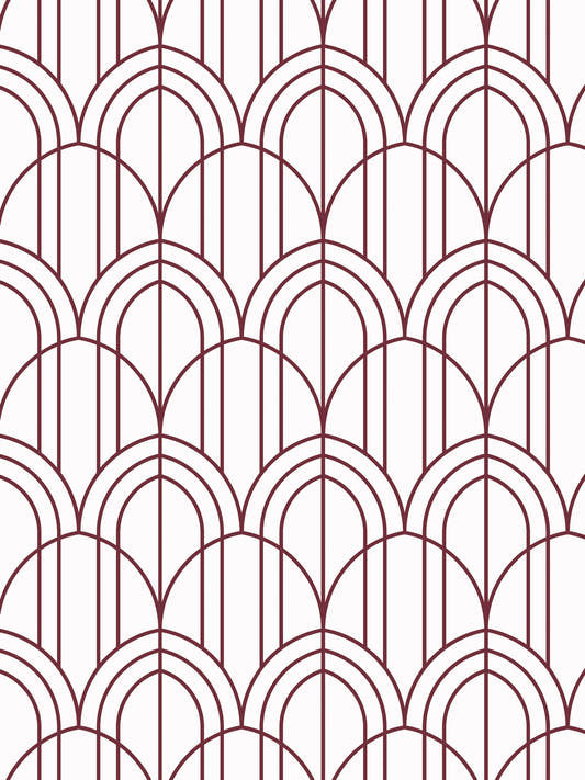 Papel mural Gatsby Burdeo, detalle del diseño: arcos art déco superpuestos en burdeo sobre blanco.