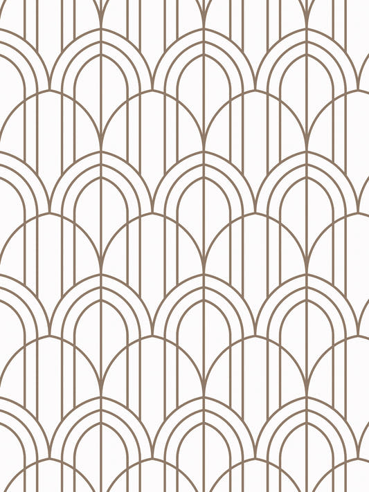 Papel mural Gatsby Taupe, detalle del diseño: arcos art déco superpuestos en taupe fino sobre blanco.