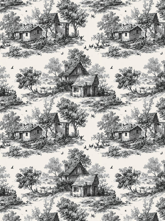 Papel mural Heritage Black, detalle del diseño: toile de casas de campo en negro sobre crema.