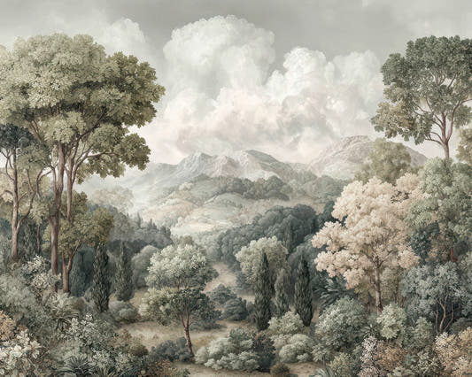 Papel mural Hills, detalle del diseño: paisaje de colinas y árboles bajo un cielo de nubes.