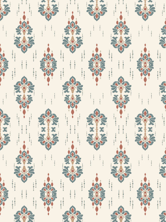 Papel mural Ikat Forms, detalle del diseño: medallones ikat en azul petróleo y rojo teja sobre crema.