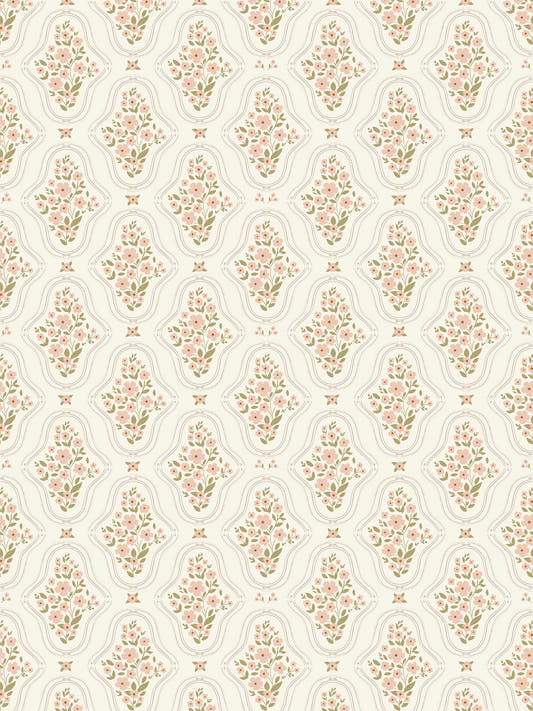 Papel mural Josefina, detalle del diseño: ramos de flores rosadas dentro de rombos.