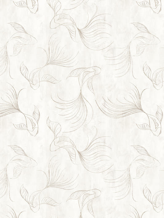 Papel mural Koi, detalle del diseño: peces koi en línea fina beige sobre blanco con textura de acuarela.
