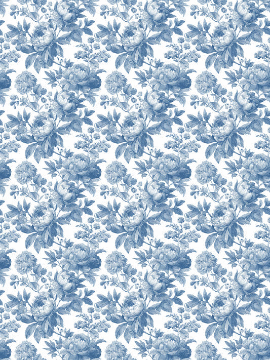 Papel mural Laura Blue, detalle del diseño: rosas y peonías en azul cobalto.