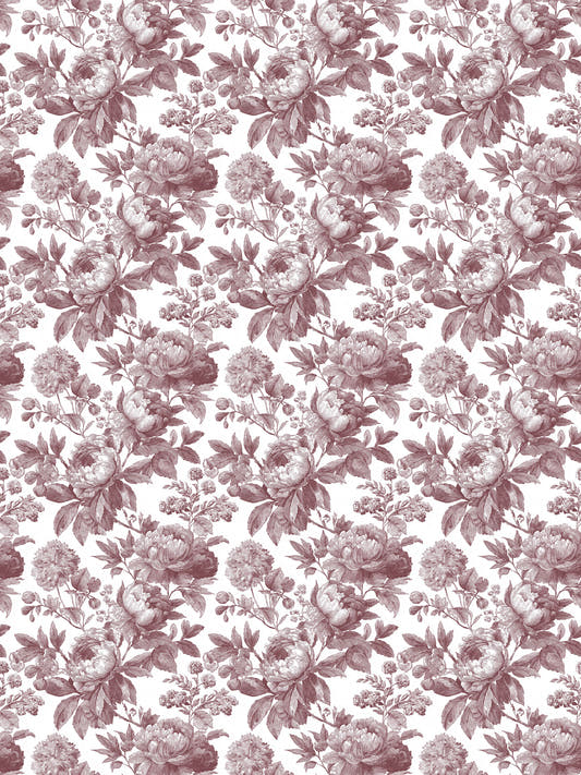 Papel mural Laura Red, detalle del diseño: rosas y peonías en rojo granate.
