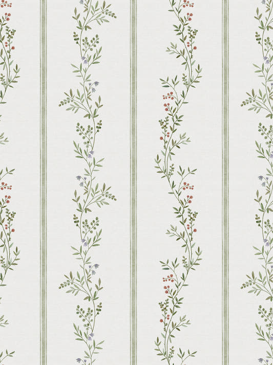 Papel mural Little Harmony, detalle del diseño: guardas verticales de ramitas verdes con bayas rojas sobre blanco.