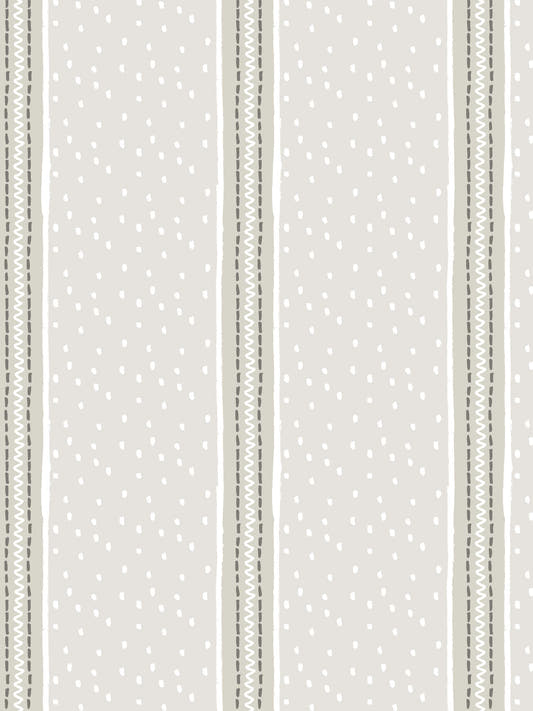 Papel mural Moderna, detalle del diseño: franjas anchas con puntos y zigzags en beige, gris y blanco.