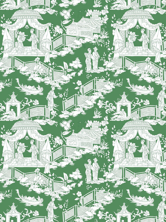 Papel mural Mulan Verde, detalle del diseño: chinoiserie de pagodas en blanco sobre verde.