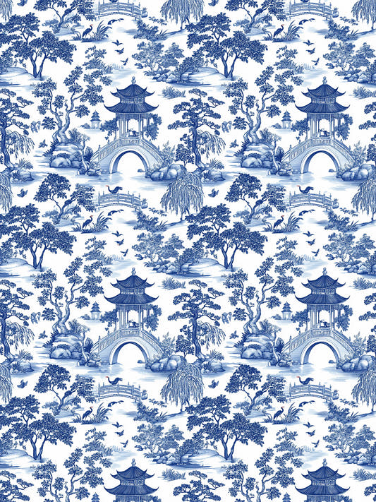 Papel mural Oriental Garden, detalle del diseño: jardín oriental con pagodas en azul cobalto.