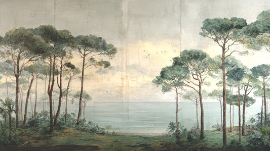 Papel mural Papiro, detalle del diseño: pinos junto a un lago al atardecer.