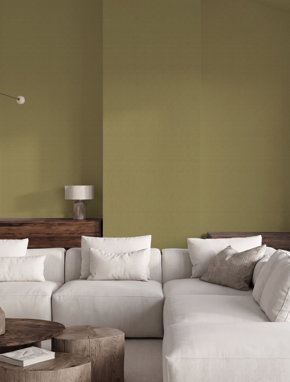 Papel mural Rafia Linen Pistacho, cálido diseño de liso con trama de lino en verde pistacho amostazado.