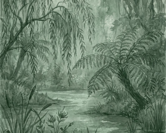 Papel mural Rainforest, detalle del diseño: selva de helechos y sauces en verdes profundos.