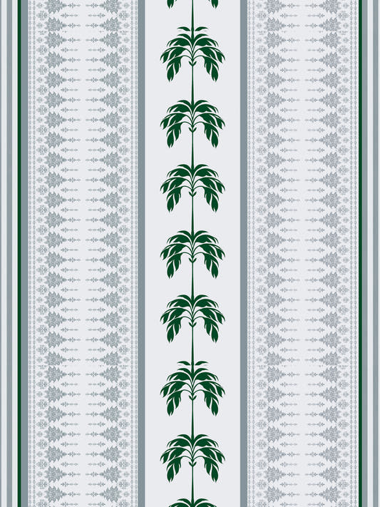 Papel mural Ratcha Verde, detalle del diseño: guardas verticales de palmeras verdes y cenefas gris azuladas sobre blanco.
