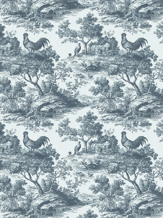 Papel mural Rooster Petróleo, detalle del diseño: toile de gallos y árboles en azul petróleo.