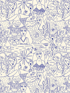 Detalle del mantel de hule Pattern Marino o111: dibujos de mujeres, peces, soles y corazones en azul sobre fondo crema