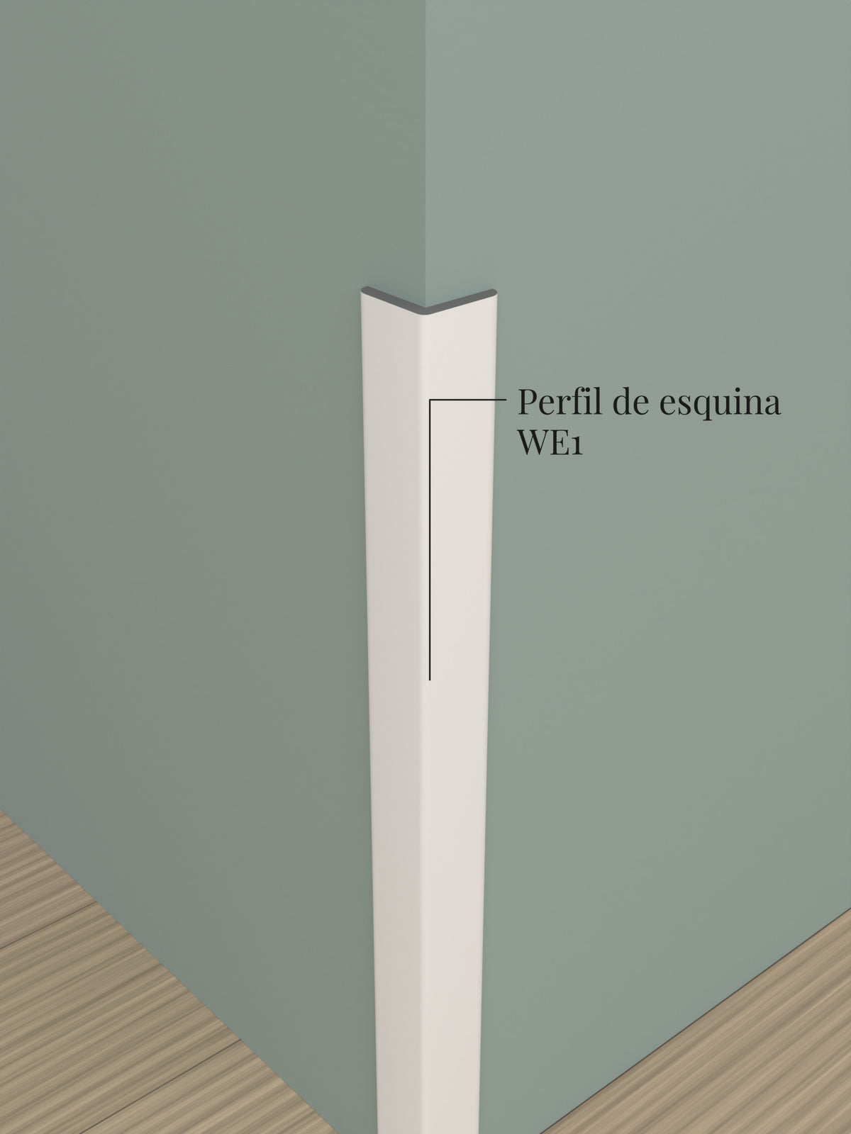 Perfil de esquina WE1 pegado sobre una esquina saliente del muro, con su extremo cortado a la vista