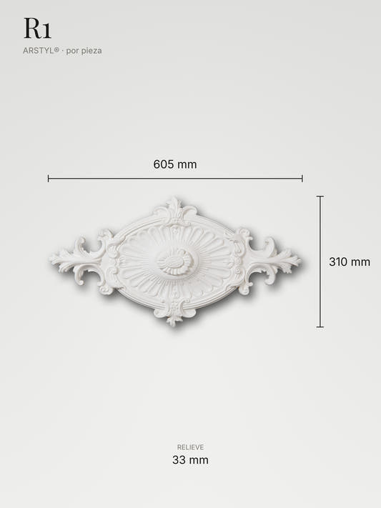 Rosetón R1 con sus medidas: 605 mm de largo, 310 mm de ancho y 33 mm de relieve