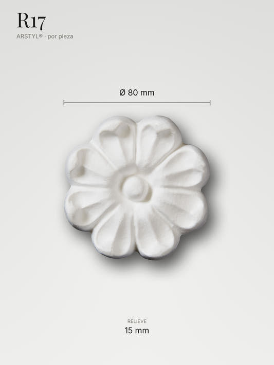 Rosetón R17 con sus medidas: 80 mm de diámetro y 15 mm de relieve