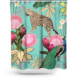 Cortina de Baño Tiger and peacock with flowers turquoise