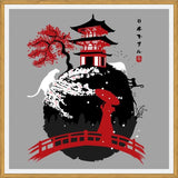 Cuadro Geisha in bridge temple