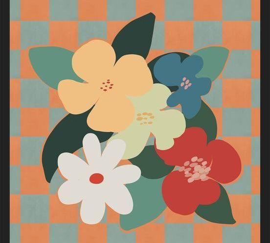 Cuadro Retro Flowers on Checkerboard 01