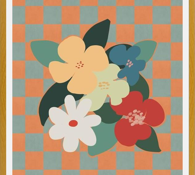 Cuadro Retro Flowers on Checkerboard 01