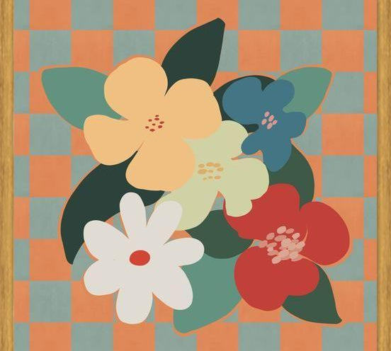 Cuadro Retro Flowers on Checkerboard 01