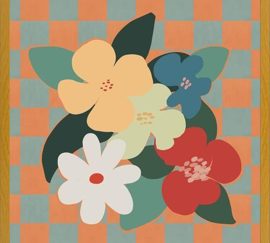 Cuadro Retro Flowers on Checkerboard 01