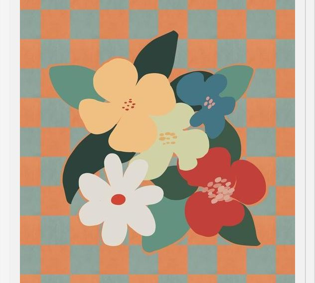 Cuadro Retro Flowers on Checkerboard 01