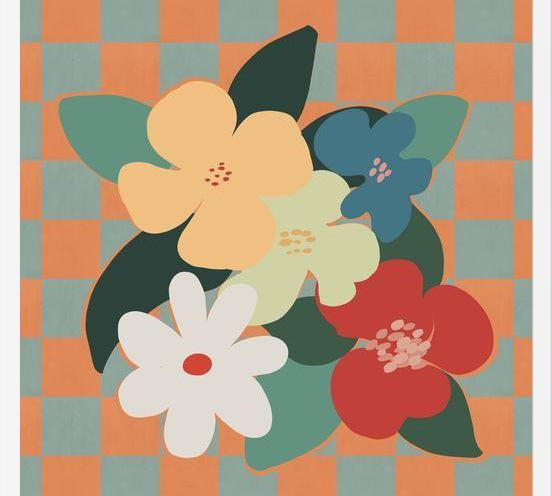 Cuadro Retro Flowers on Checkerboard 01