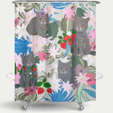 Cortina de Baño Hand drawn cat with strawberry and tropi