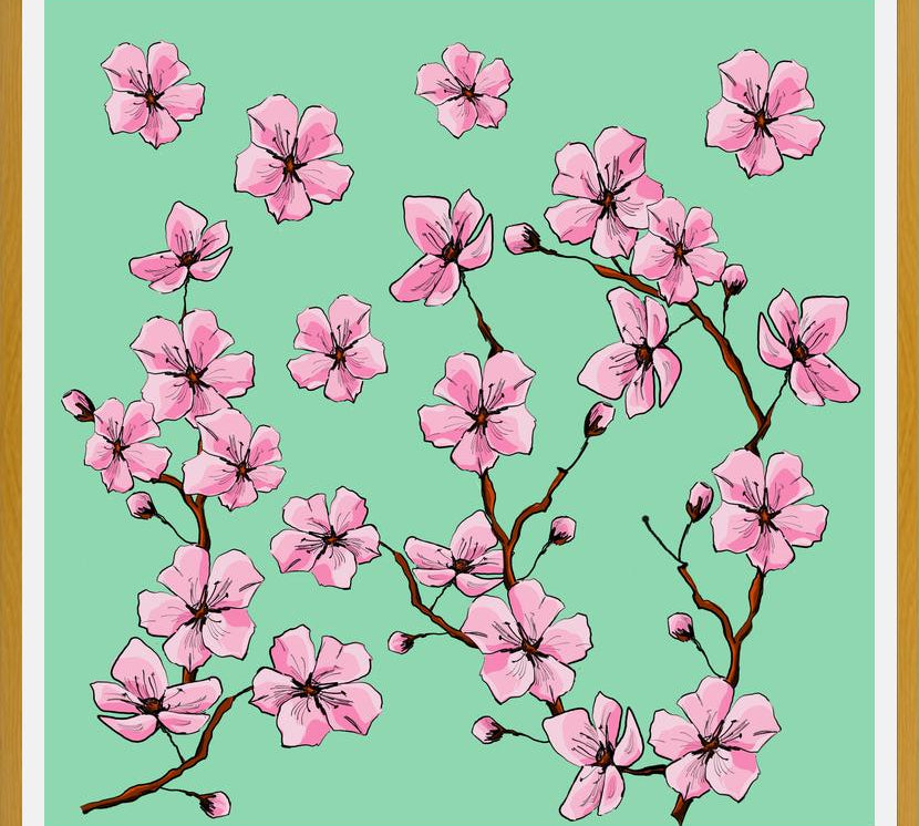 Cuadro Flores de cerezo fondo verde