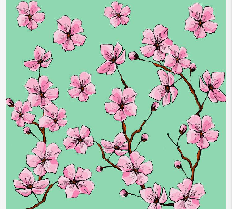 Cuadro Flores de cerezo fondo verde