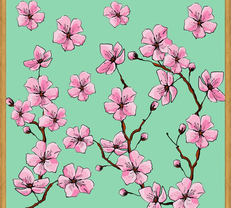 Cuadro Flores de cerezo fondo verde