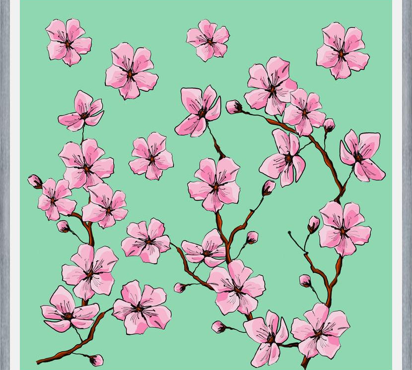 Cuadro Flores de cerezo fondo verde