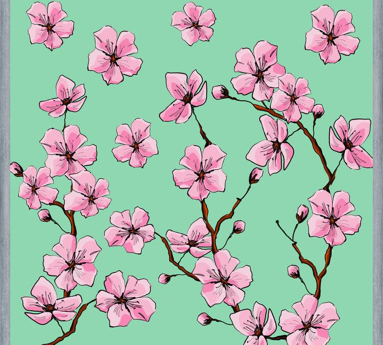 Cuadro Flores de cerezo fondo verde