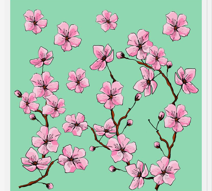 Cuadro Flores de cerezo fondo verde