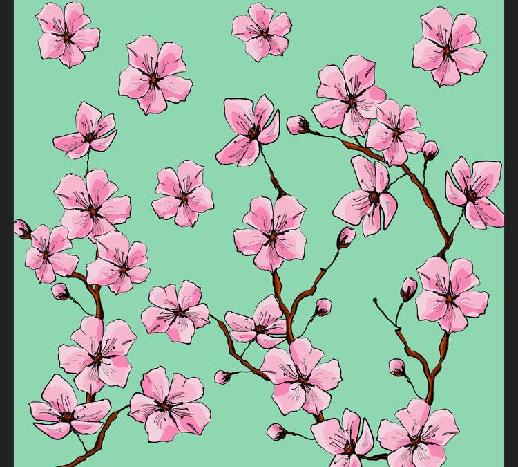 Cuadro Flores de cerezo fondo verde