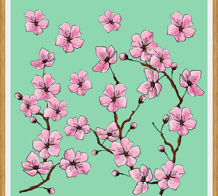 Cuadro Flores de cerezo fondo verde