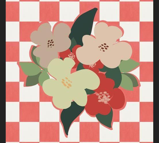 Cuadro Retro Flowers on Checkerboard 03