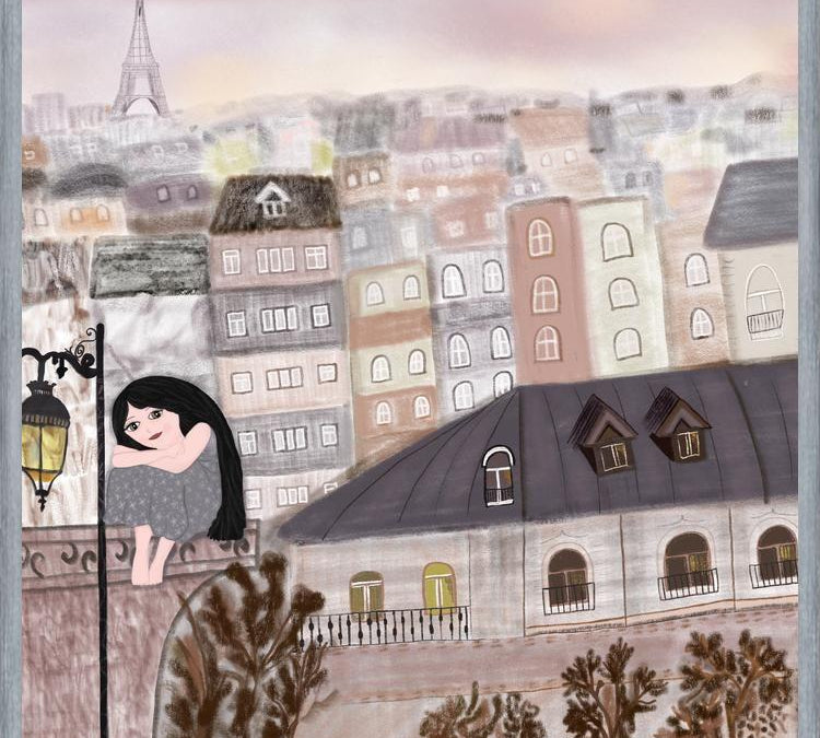 Cuadro Girl illustration with Paris night