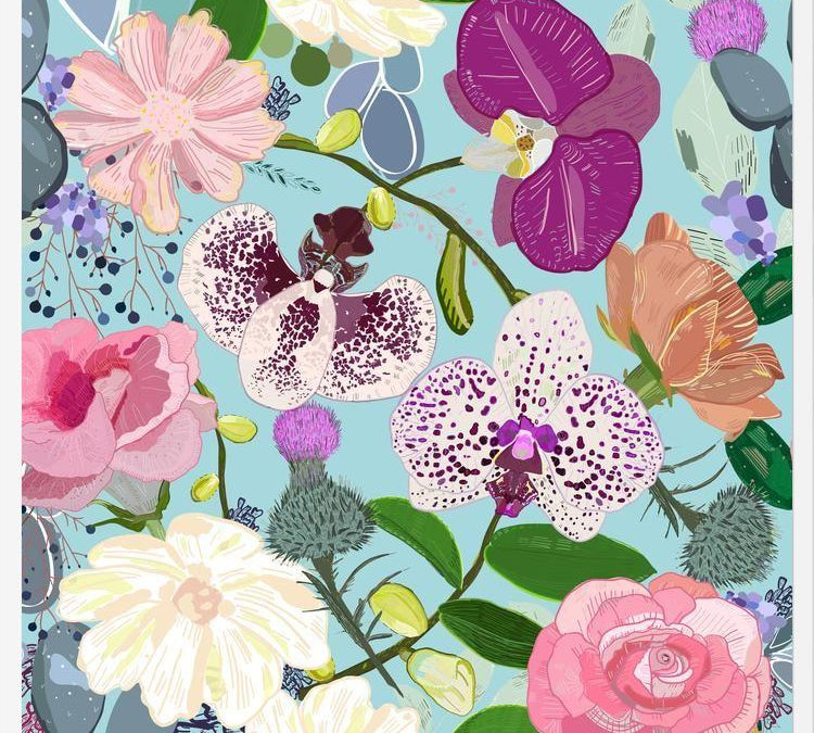 Cuadro Orchid, succulent and roses colorful pattern
