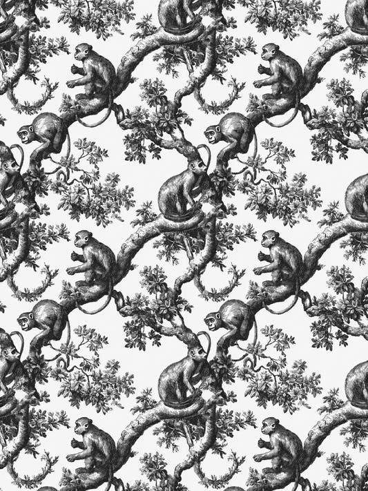 Papel mural Black Monkey, detalle del diseño: toile azul marino sobre blanco con monos trepando ramas.