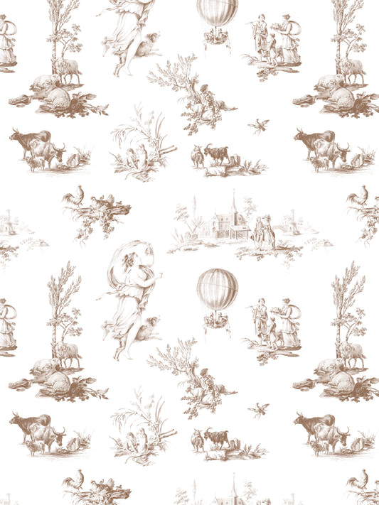 Papel mural French Farm Sepia, detalle del diseño: toile sepia sobre blanco con escenas de granja y globos aerostáticos.