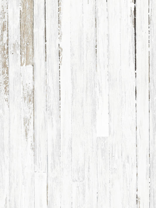 Papel mural Madera Blanca, detalle del diseño: tablones de madera blanca descascarada con restos de verde y gris.