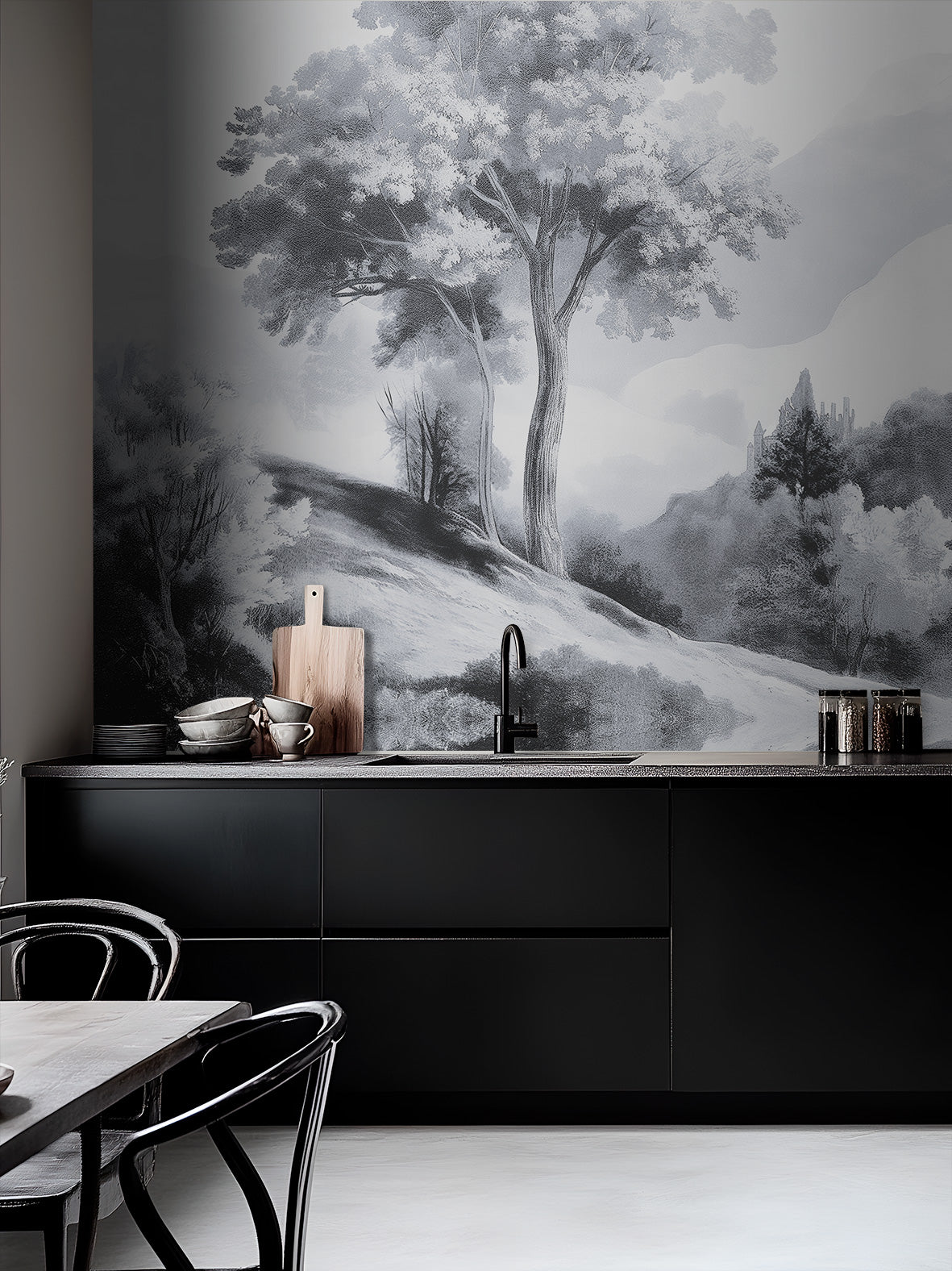 Papel Mural Misty Forest Black and White
