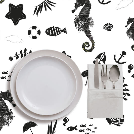 Mantel de Hule SEAHORSE AND SEA PLANTS BLACK WHITE