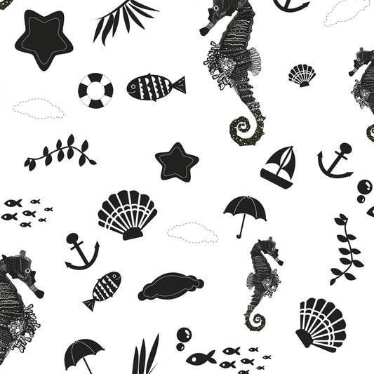 Mantel de Hule SEAHORSE AND SEA PLANTS BLACK WHITE